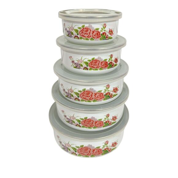 Vtg Nesting Bowls Enamel Ware metal Floral Roses Set Of 5 W/ Lids 4/5/6/6.5/7.5